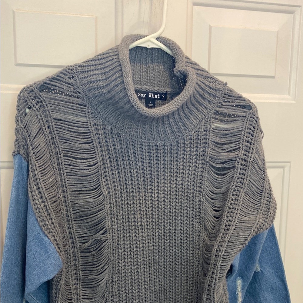 Say What? Size Large Gray Knit Sweater Top with Denim Sleeves - Picture 3 of 9